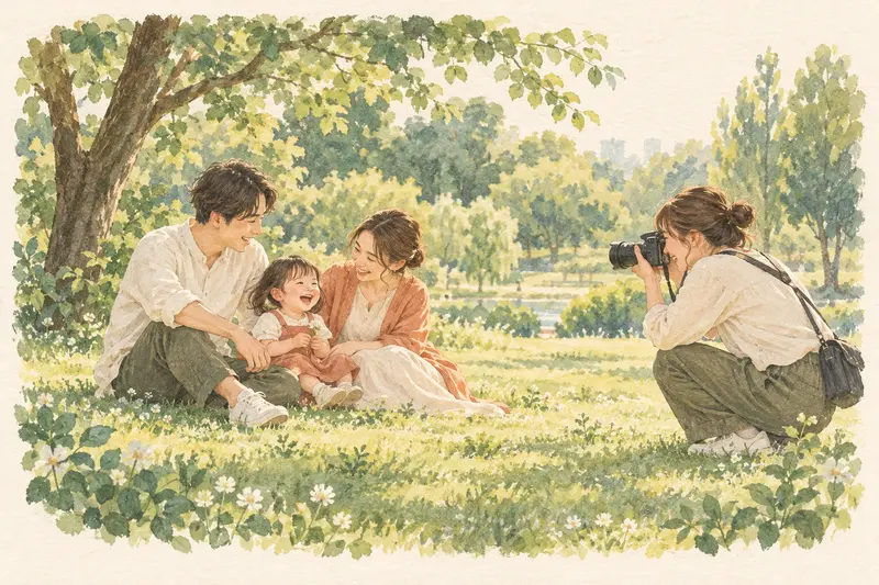 公園で家族に寄り添いながら撮影するカメラマンのイラスト