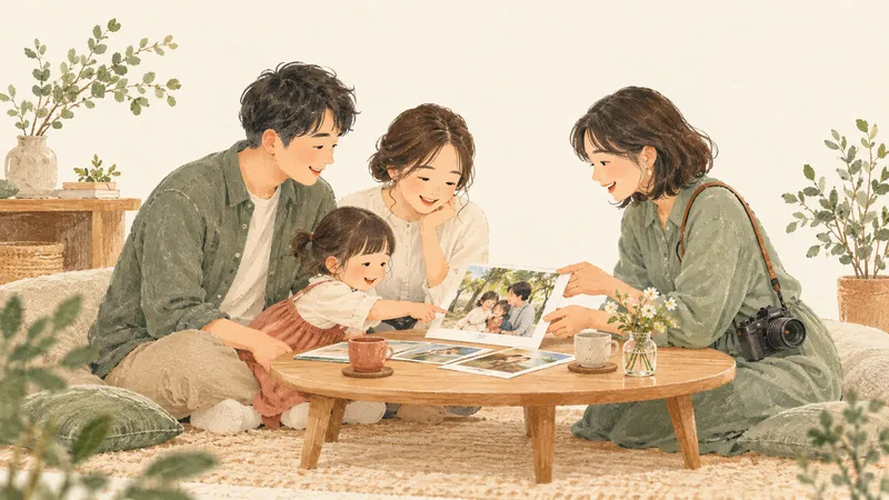 家族とカメラマンが、写真を見ながら撮影について相談するイラスト